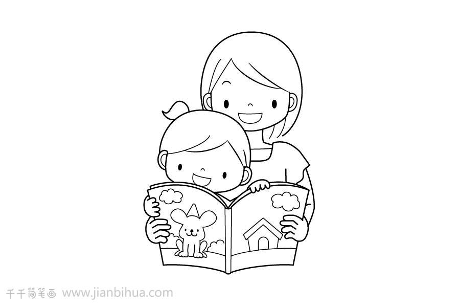 妈妈陪孩子看书简笔画图片