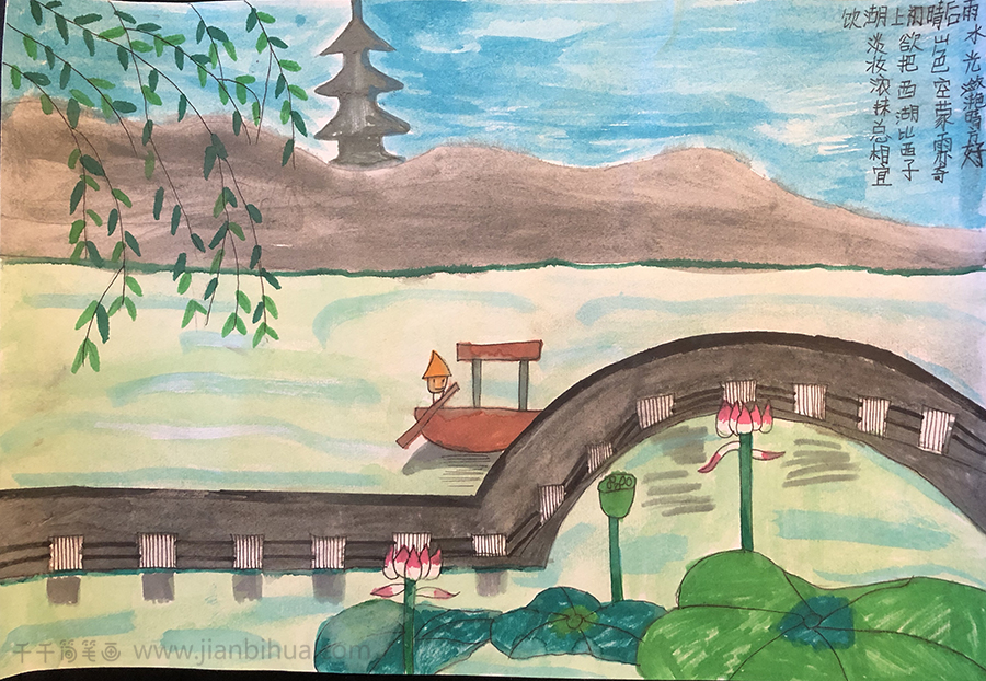 小学生湖边风景画图片