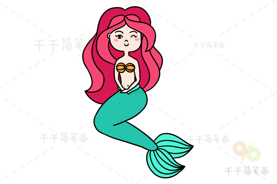 第五步:塗上顏色,美人魚就畫好了~美人魚簡筆畫怎麼畫