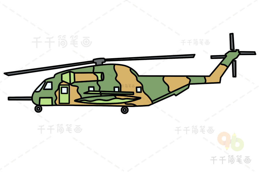 儿童卡通军用直升机涂色画模板图片
