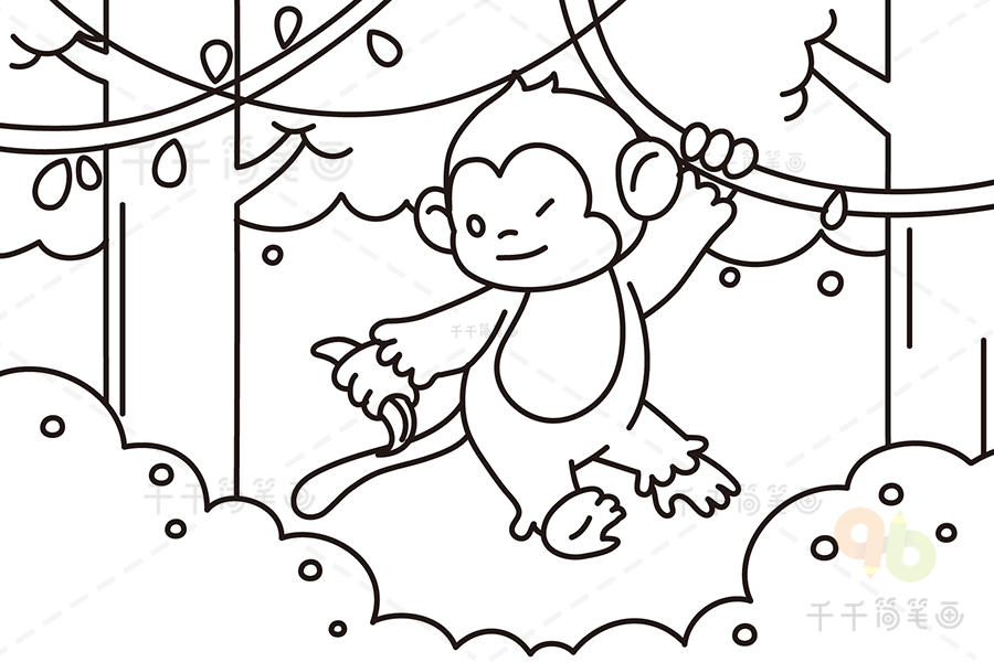 猴子爬树简笔画步骤图片