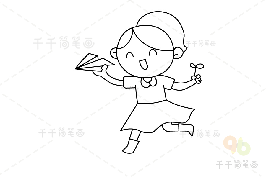 第三步:画出小女孩的上身和手里拿着的纸飞机