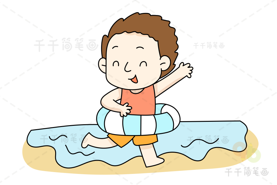 炎热的夏天游泳的小男孩简笔画