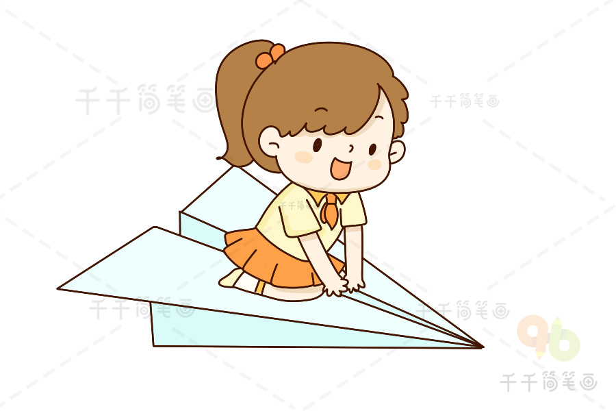 快乐成长系列 坐纸飞机遨游的女孩简笔画
