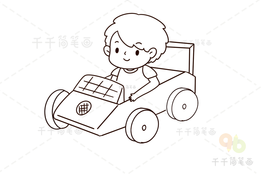 六一儿童节去玩卡丁车的男孩简笔画