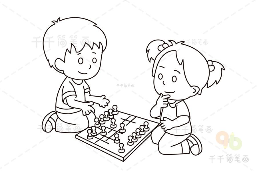 小孩下棋简笔画图片
