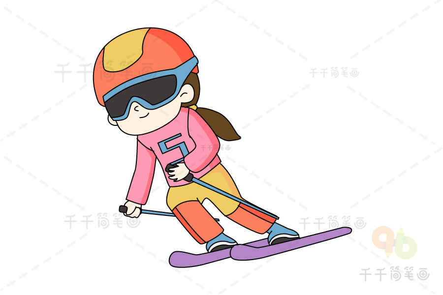 小孩滑雪简笔画彩色图片