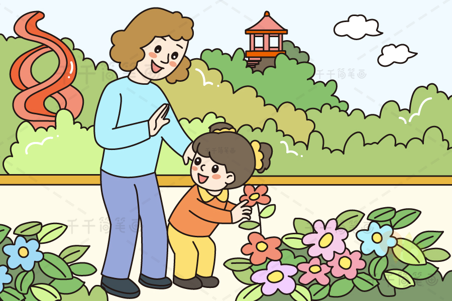 儿童摘花的简笔画图片