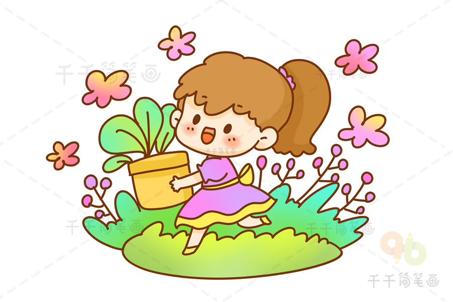 森林女孩简笔画 赠人花朵 手有余香