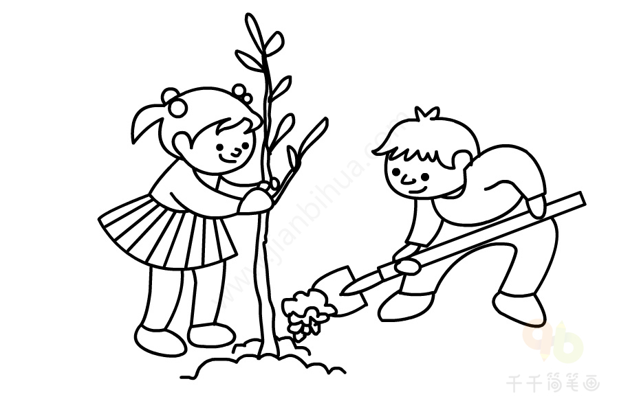 植树节简笔画,热爱劳动的小朋友